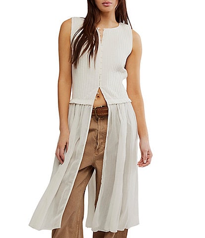 Free People Twice As Nice Ribbed Knit Crew Neck Sleeveless Button Front Vest Maxi Top
