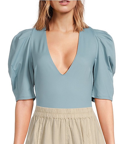 Free People Va Va Voop Knit Deep V-Neck Short Ruched Puffed Sleeve Bodysuit
