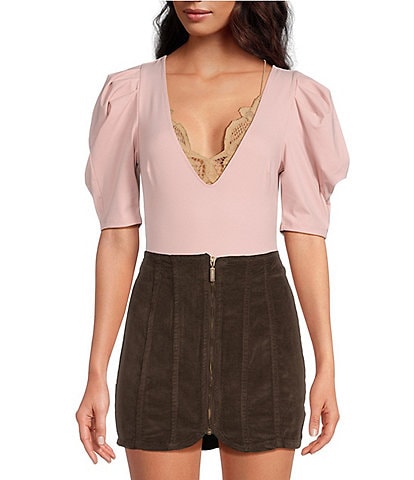 Free People Va Va Voop Knit Deep V-Neck Short Ruched Puffed Sleeve Bodysuit