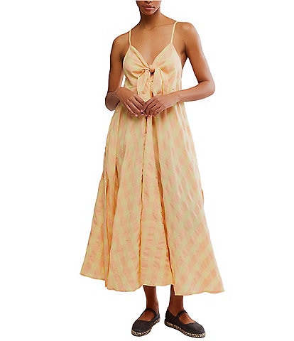 Free People Via Plaid Print V-Neck Sleeveless Button-Front Dress