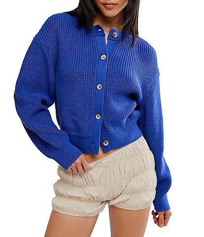 Free People Vienna Crew Neck Long Sleeve Button Front Ribbed Knit Cardigan