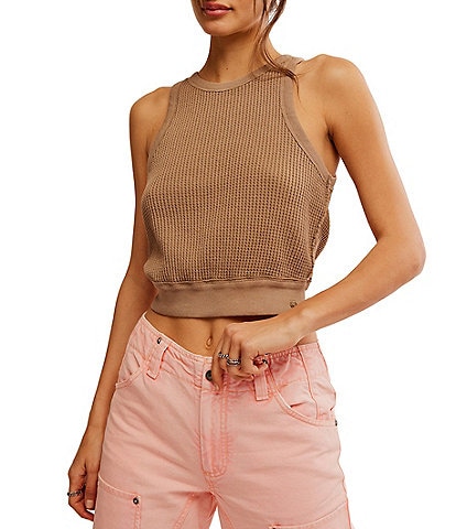 Free People Waffle Knit High Neck Sleeveless Cropped Thermal Vest Tank