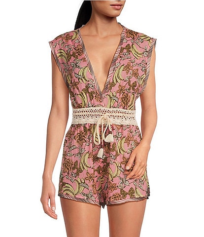 Free People Watching Waves Printed Sleeveless Plunging V-Neck Woven Romper
