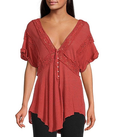 Free People Way Out Knit Lace Trim Deep V-Neck Short Dolman Sleeve Open Tie Back Detail High-Low Top