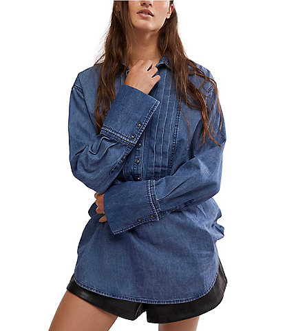 Free People We The Free After Hours Denim Point Collar Neck Long Sleeve Button Front Pleated Top