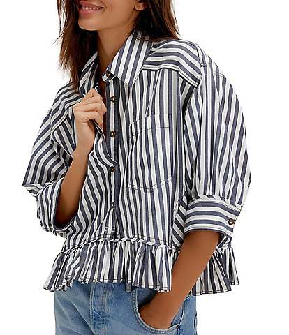 Free People We The Free Bailey Stripe Print Point Collar 3/4 Sleeve Ruffle High-Low Hem Button Front Blouse