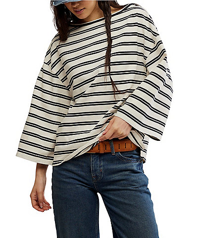 Free People We The Free C'est La Vie Stripe Print Boat Neck 3/4 Wide Sleeve Oversize Boxy Tee