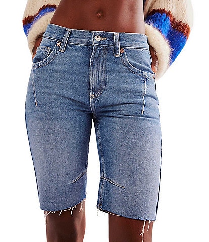 Free People We The Free Ghost Town Denim Mid Rise Long Cut Off Shorts