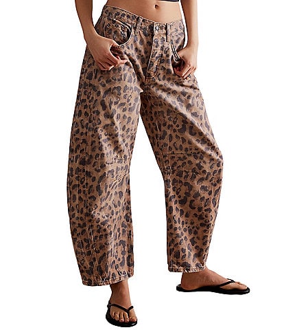 Free People We The Free Good Luck Denim Leopard Print Mid Rise Barrel Jeans