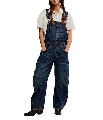 Free People We The Free Good Luck Denim Square Neck Barrel Leg Overalls