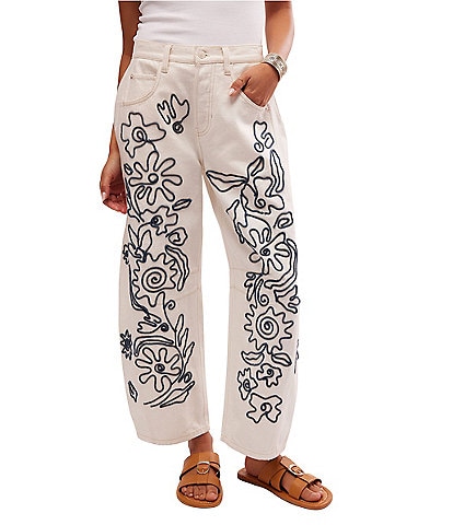 Free People We The Free Good Luck Soutache Floral Embroidered Mid Rise Wide Barrel Jeans
