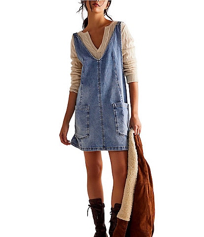 Free People We The Free High Roller Denim Scoop Neck Sleeveless Overall Dress