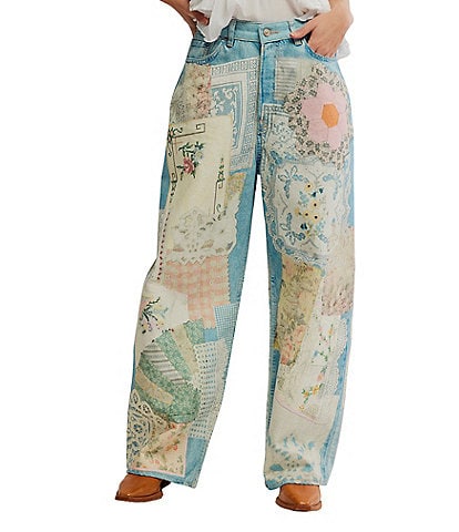 Free People We The Free Illusions Patchwork Printed Low Rise Barrel Leg Jeans