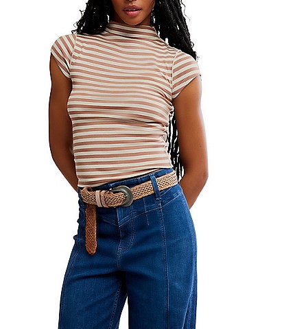 Free People We the Free Lola Stripe Print Mock Neck Short Sleeve Tee