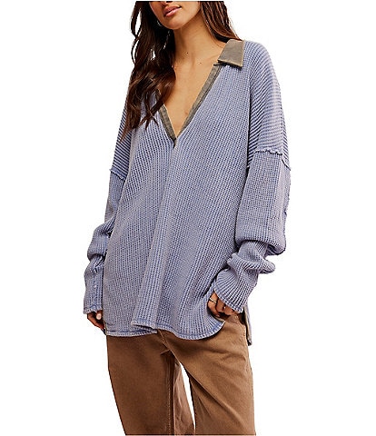 Free People We The Free Travis Polo Waffle Knit V-Neck Collar Neck Long Sleeve Top