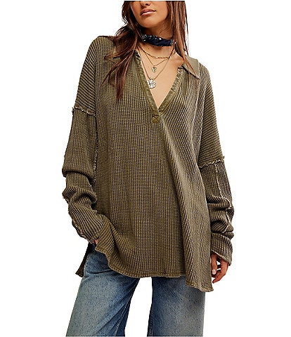 Free People We The Free Travis Polo Waffle Knit V-Neck Collar Neck Long Sleeve Top