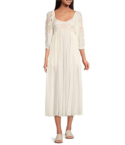 Free People Wedgewood Contrast Embroidered Scoop Neck 3/4 Puff Sleeve Waistless Maxi Dress