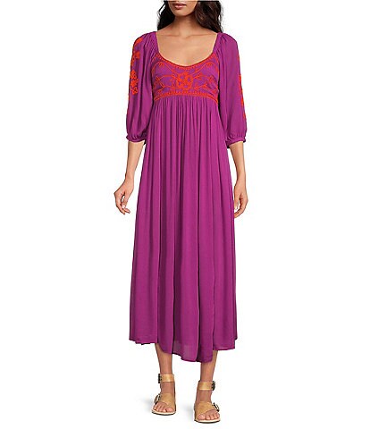 Free People Wedgewood Contrast Embroidered Scoop Neck 3/4 Puff Sleeve Maxi Dress