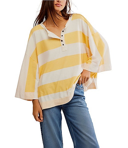 Free People Wonderful Stripe Collard Neck 3/4 Dolman Sleeve Oversized Tee