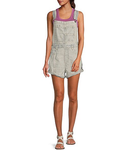 Free People Ziggy Striped Print Square Neck Rolled Hem Shortall Overalls