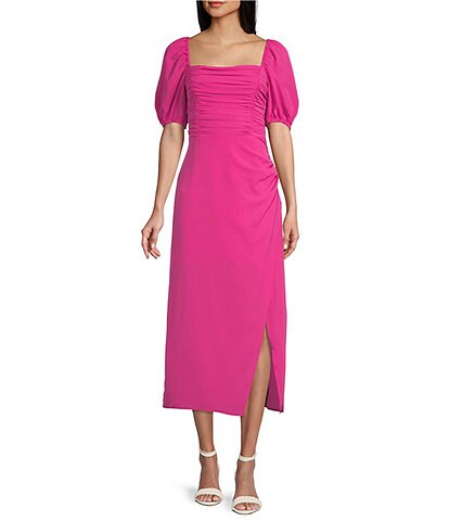 French Connection Afina Verona Square Neck Short Sleeve A-Line Ruched Midi Sheath Dress