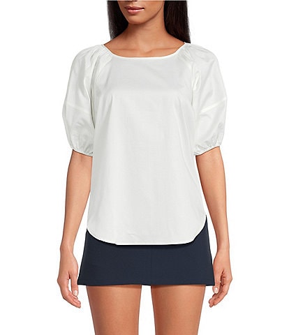 French Connection Alexis Poplin Round Neck Raglan Puff Sleeve Top