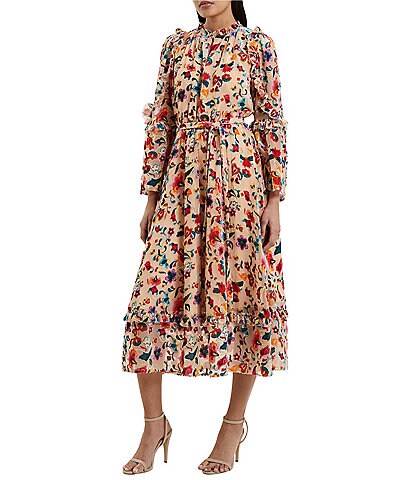 French Connection Avery Burnout Floral Print Mock Neck Long Sleeve Maxi Dress