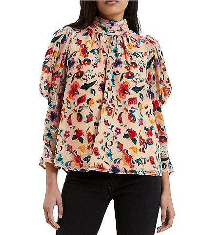French Connection Avery Floral Print Burnout Mock Neck Long Sleeve Blouse