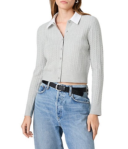 French Connection Babysoft Cable Knit Poplin Point Collar Long Sleeve Top