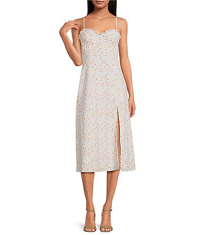 French Connection Camille Floral Crepe Sweetheart Neck Sleeveless Slip Midi Dress