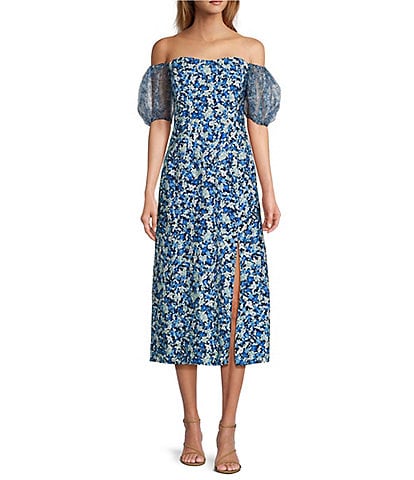 French Connection Clara Off-the-Shoulder Puff Sleeve Floral Midi Dress