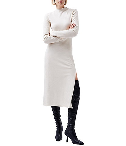 French Connection Cosysoft Knit Mock Neck Long Sleeve Side Slit Midi Dress