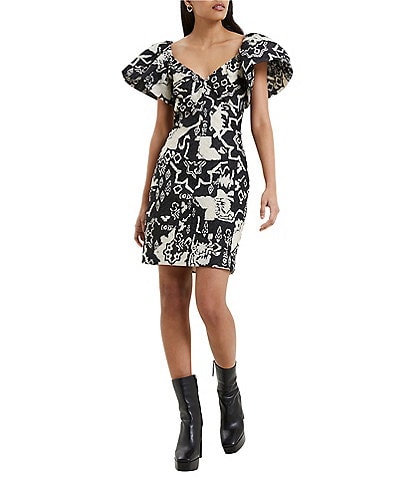 French Connection Deon Candra Jacquard Print V-Neck Short Sleeve Dress