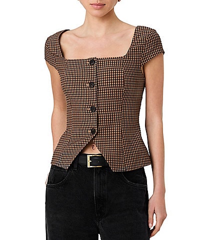 French Connection Diana Textured Gingham Print Square Neck Short Sleeve Button Front Top