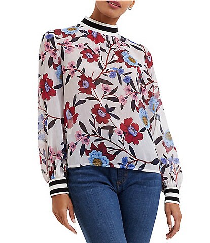 French Connection Eloise Floral Print Mock Neck Long Sleeve Crinkled Top
