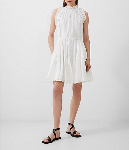 French Connection Emily Ruffle Mock Neck Keyhole Detail Sleeveless Tie Waist Tiered A-Line Dress
