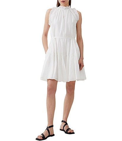 French Connection Emily Ruffle Mock Neck Keyhole Detail Sleeveless Tie Waist Tiered A-Line Dress