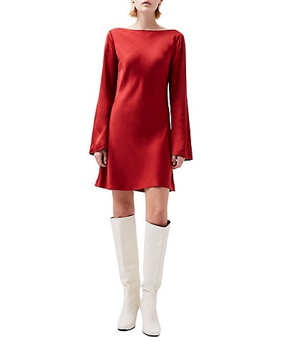 French Connection Ennis Satin Boat Neck Long Sleeve Mini Dress