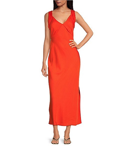 French Connection Ennis Satin V-Neck Wide Ruched Straps Sheath Maxi Dress