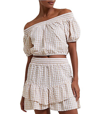 French Connection Filippa Gingham Print Off-the-Shoulder Short Sleeve Coordinating Top