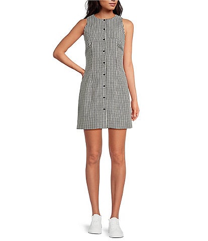 French Connection Gingham Round Neck Sleeveless Button Front Mini Dress