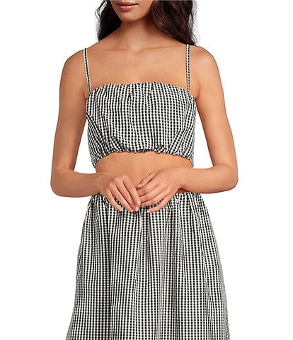French Connection Gingham Square Neck Spaghetti Strap Ruched Crop Coordinating Top