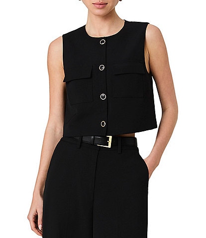 French Connection Harry Suiting Round Neck Sleeveless Button Front Boxy Top