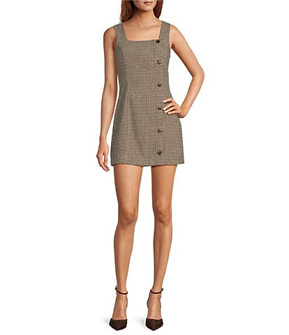 French Connection Houndstooth Wool Blend Square Neck Sleeveless Side Button Mini Dress