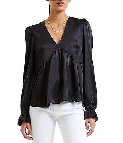 French Connection Inu Satin V-Neck Long Sleeve Top