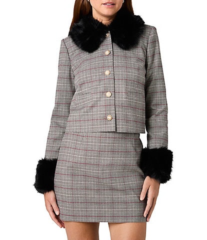 French Connection Leonie Tartan Plaid Faux Fur Collared Long Sleeve Button Front Coordinating Jacket