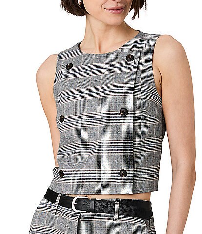 French Connection Matteo Plaid Suiting Round Neck Sleeveless Double Breasted Coordinating Top