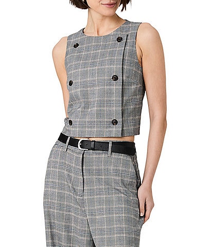 French Connection Matteo Plaid Suiting Round Neck Sleeveless Double Breasted Coordinating Top