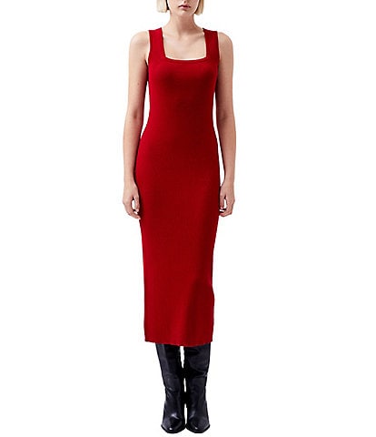 French Connection Mozza Ribbed Knit Square Neck Sleeveless Bodycon Midi Dress