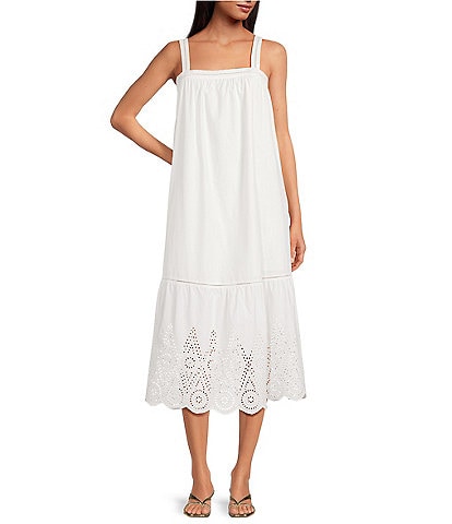 French Connection Poplin Embroidered Eyelet Square Neck Sleeveless Midi Dress